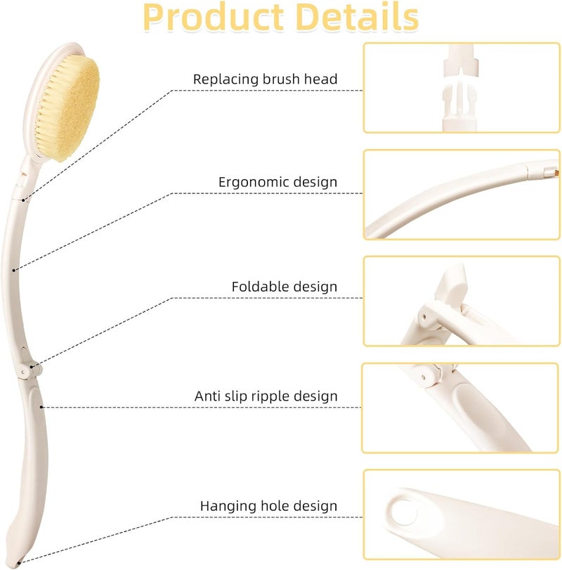 LFJ 19" Long Handle Shower Sponge Brush Set, 3 in 1 Body Brush, Bath Sponge and Lotion Applicator Improved Skin Health, Suitable for Men and Women (White Brush-2P) - Image 3